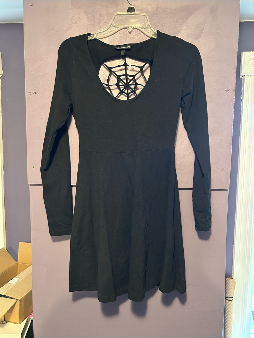 Sourpuss Black spiderweb long sleeve mini dress with cutout detail, size S